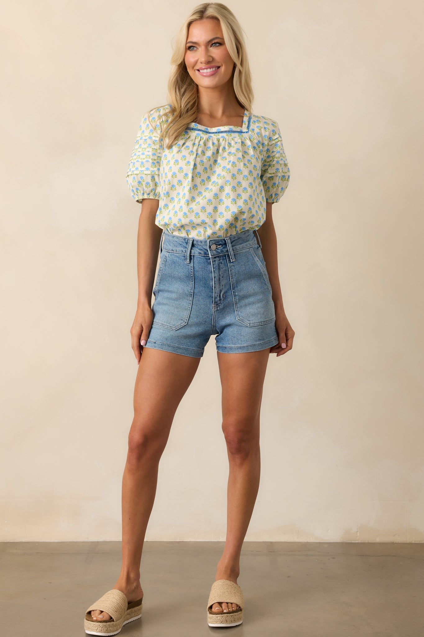 Right Where You Are Blue Floral Cotton Puff Sleeve Top