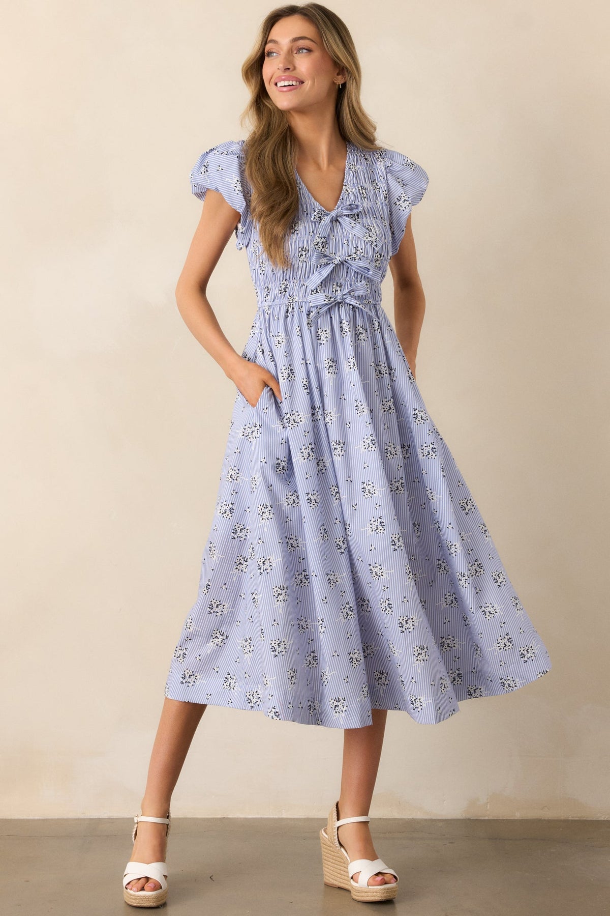 On A Good Note Blue Stripe Floral Cotton Midi Dress