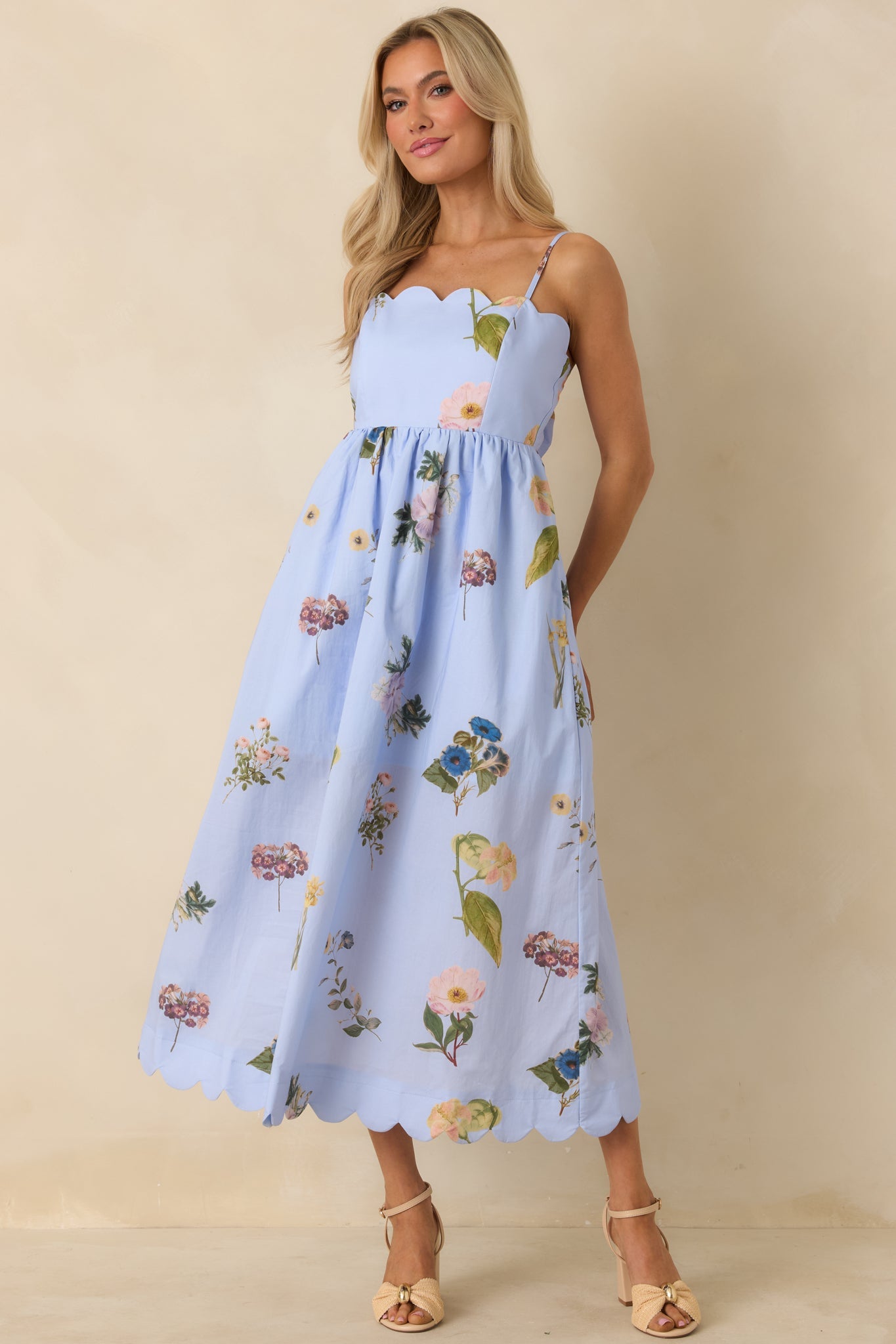 Promise in Bloom Blue Multi Floral Cotton Tie-Back Scalloped Midi Dress