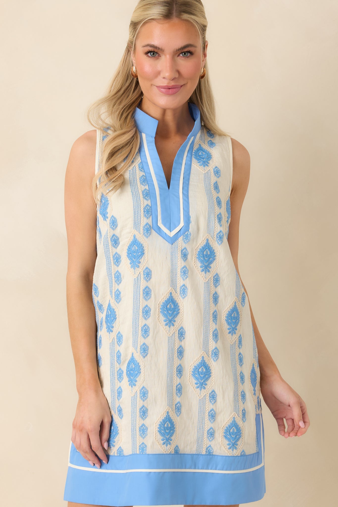 Seaside Dreaming Blue Embroidered Contrast Trim Mini Shift Dress