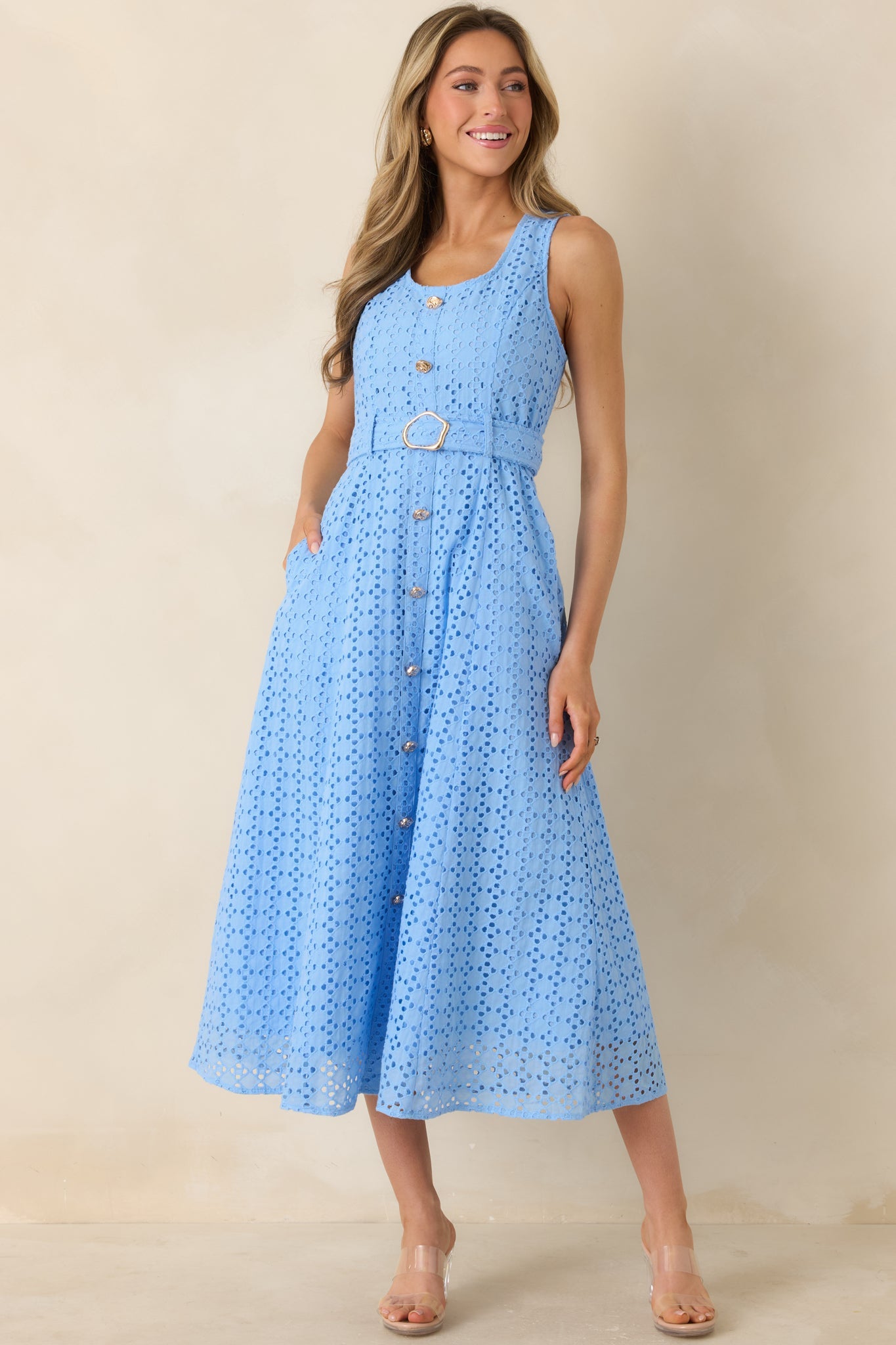 Garden Society Blue Cotton Eyelet Sleeveless Midi Dress