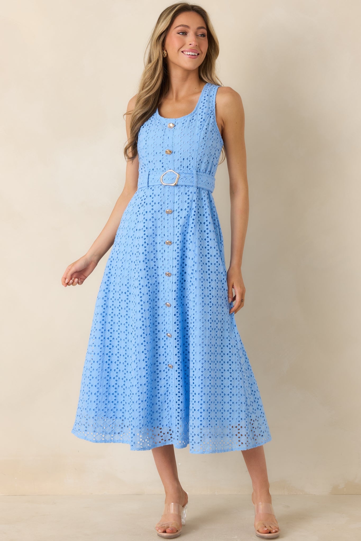 Garden Society Blue Cotton Eyelet Sleeveless Midi Dress