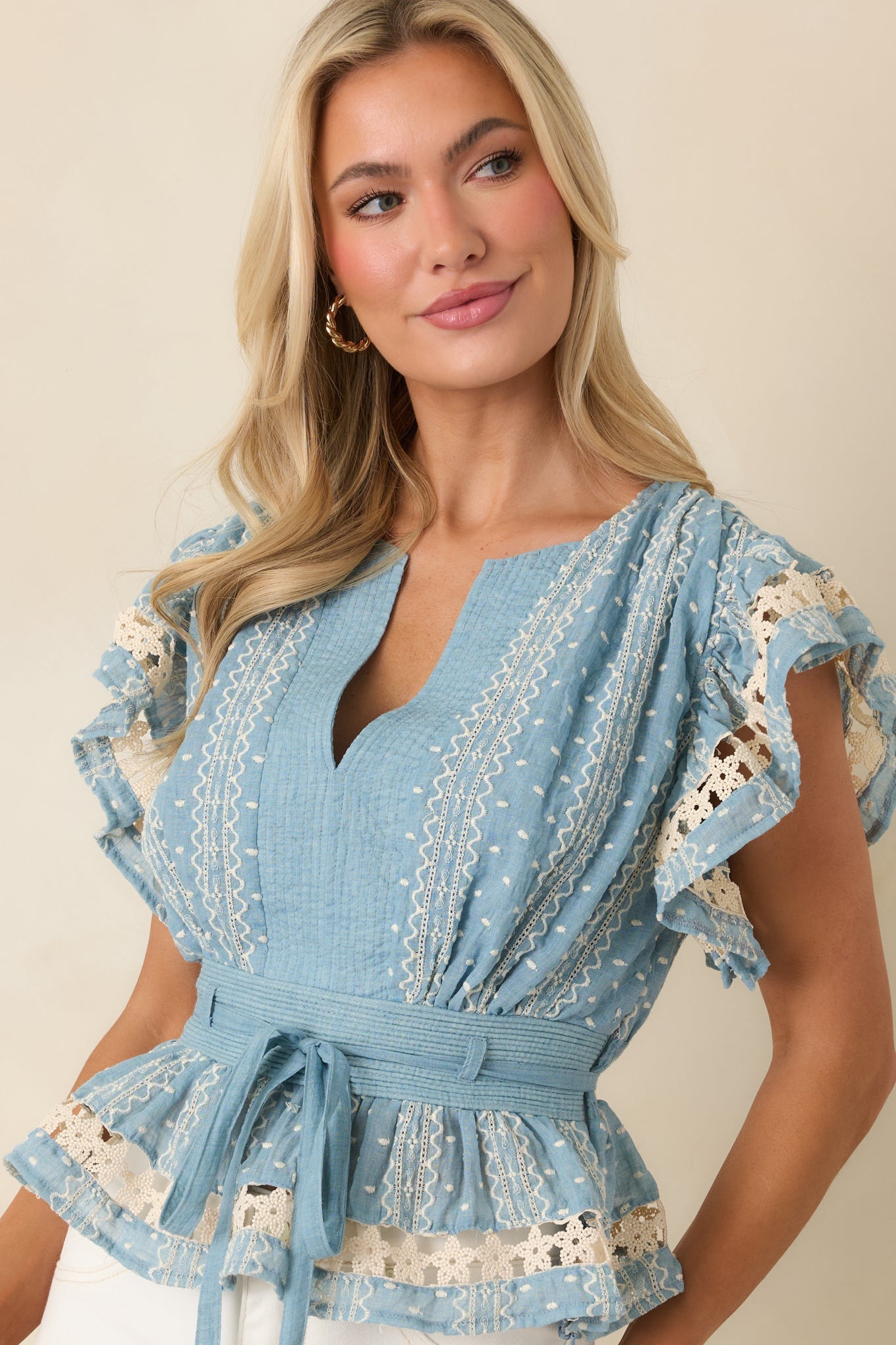 Soft Serenity Blue Flutter Sleeve Peplum Top
