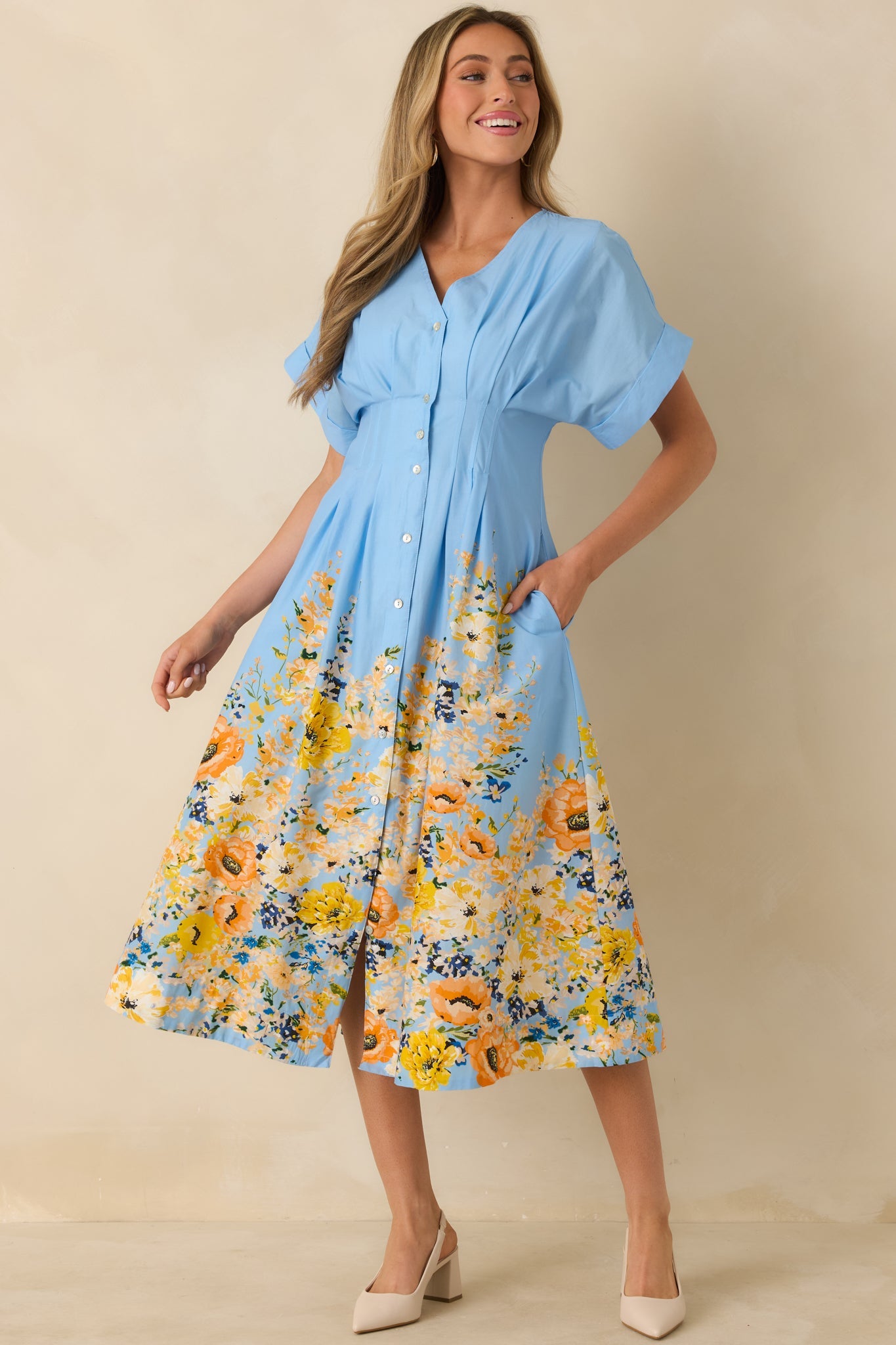 What Comes Next Blue Multi Cotton Floral Midi Dress