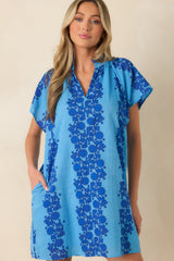 Palm Beach Bound Blue Cotton Floral Mini Dress