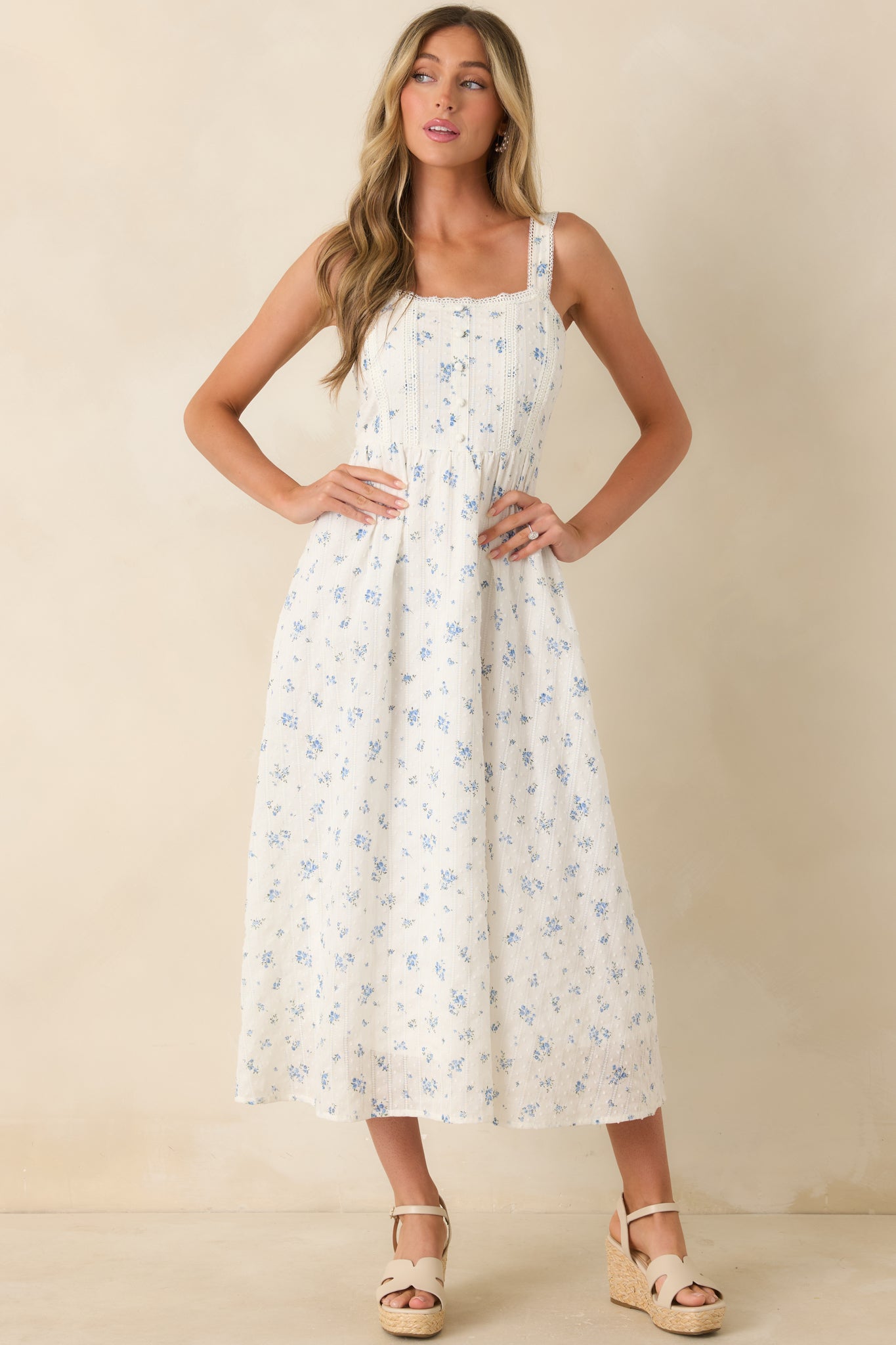 Forget Me Not Blue Floral Cotton Swiss Dot Prairie Midi Dress