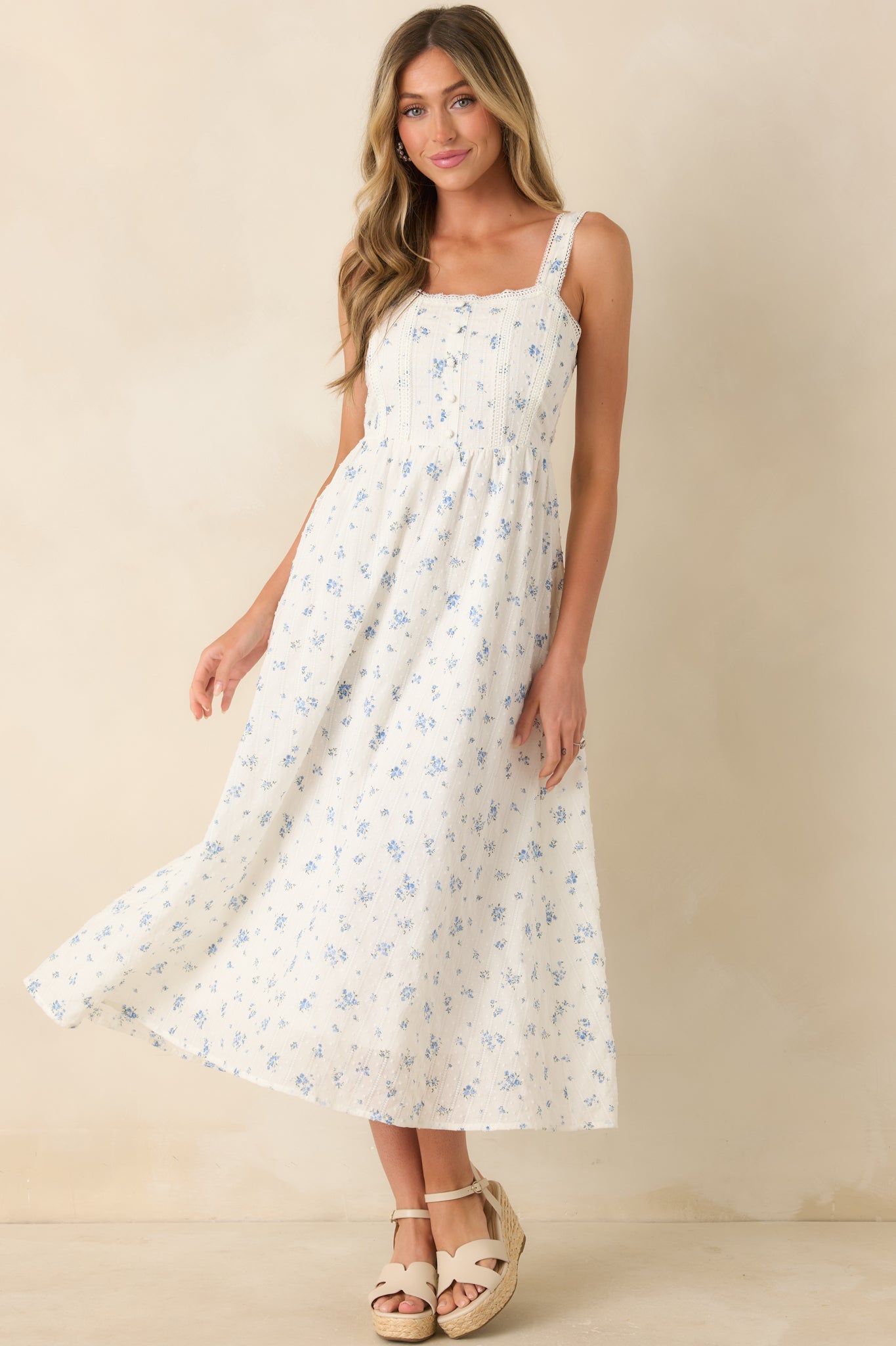Forget Me Not Blue Floral Cotton Swiss Dot Prairie Midi Dress