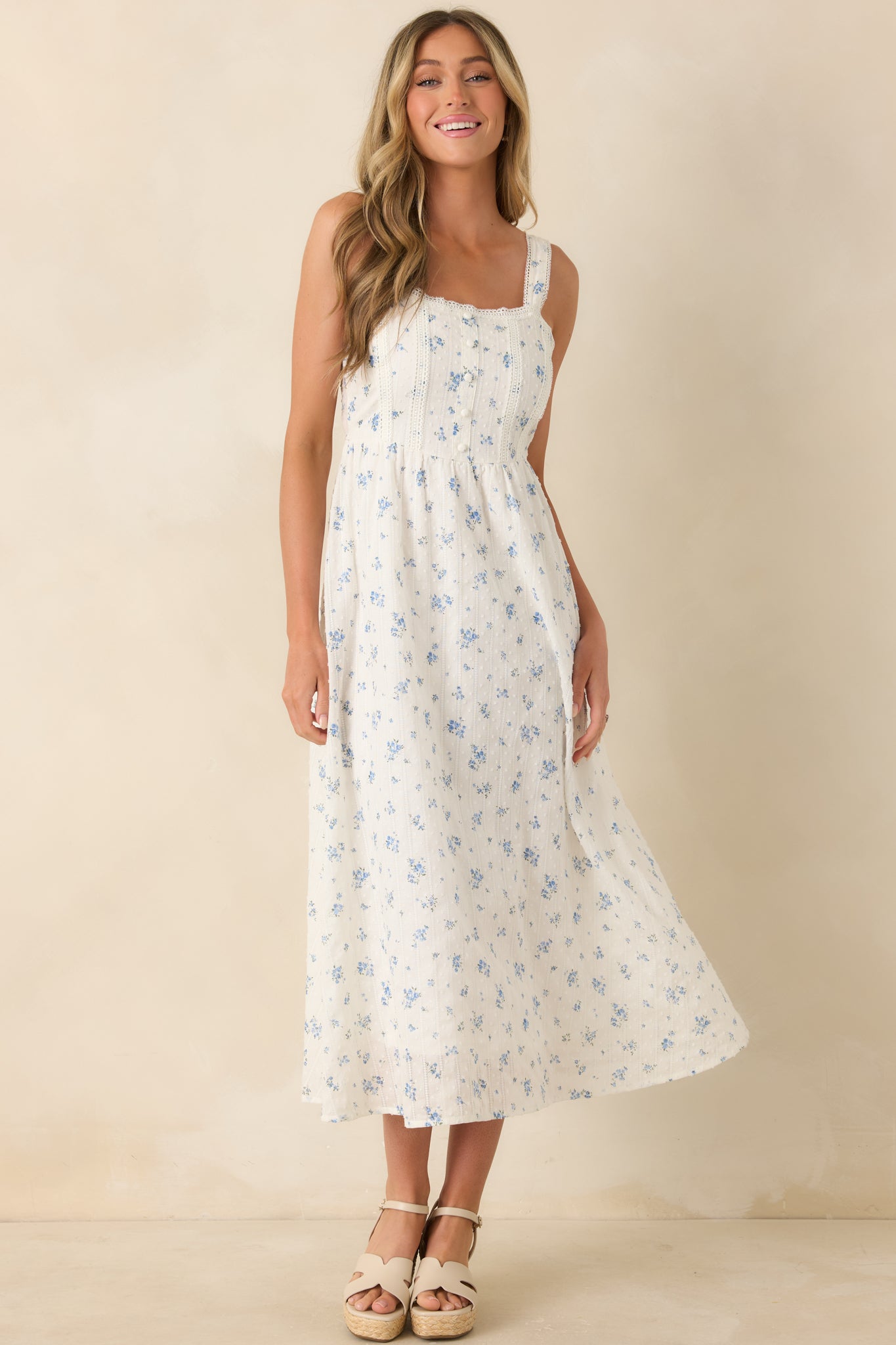 Forget Me Not Blue Floral Cotton Swiss Dot Prairie Midi Dress