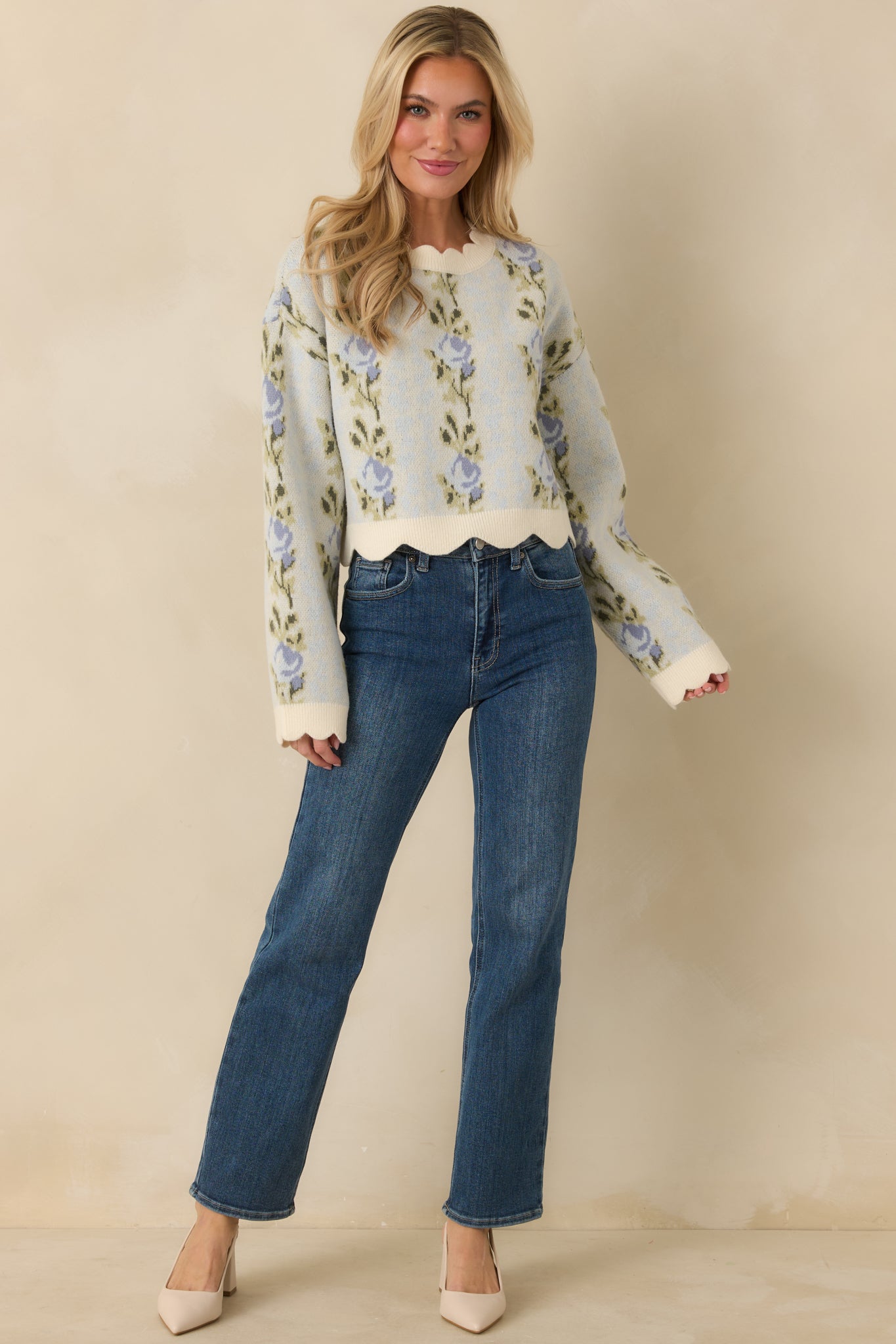 Petal Promises Blue Floral Knit Scallop Edge Sweater