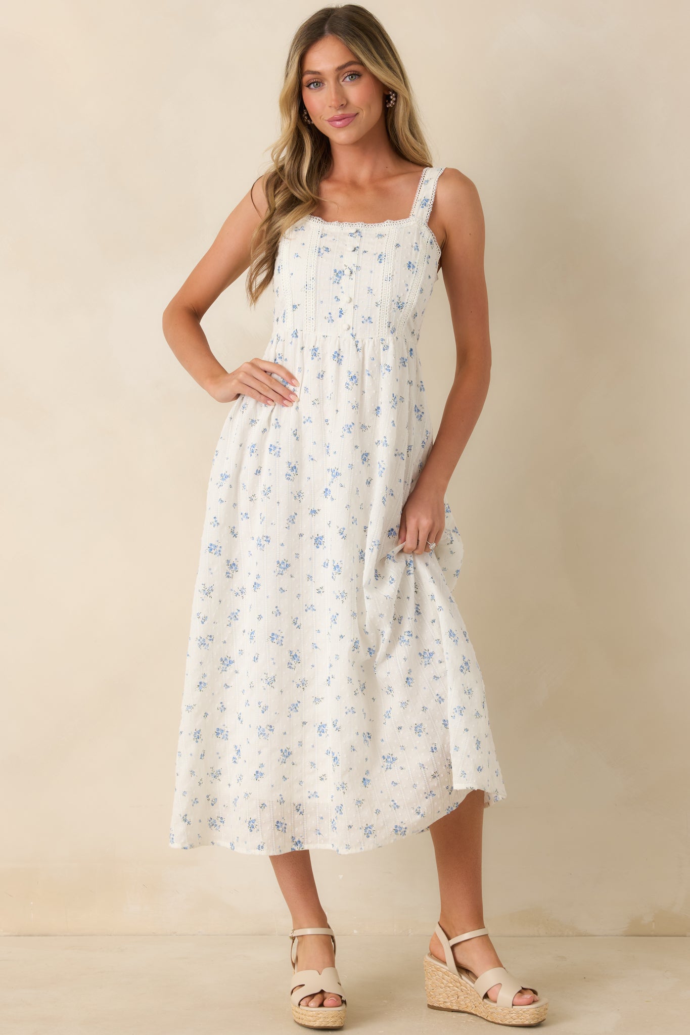 Forget Me Not Blue Floral Cotton Swiss Dot Prairie Midi Dress