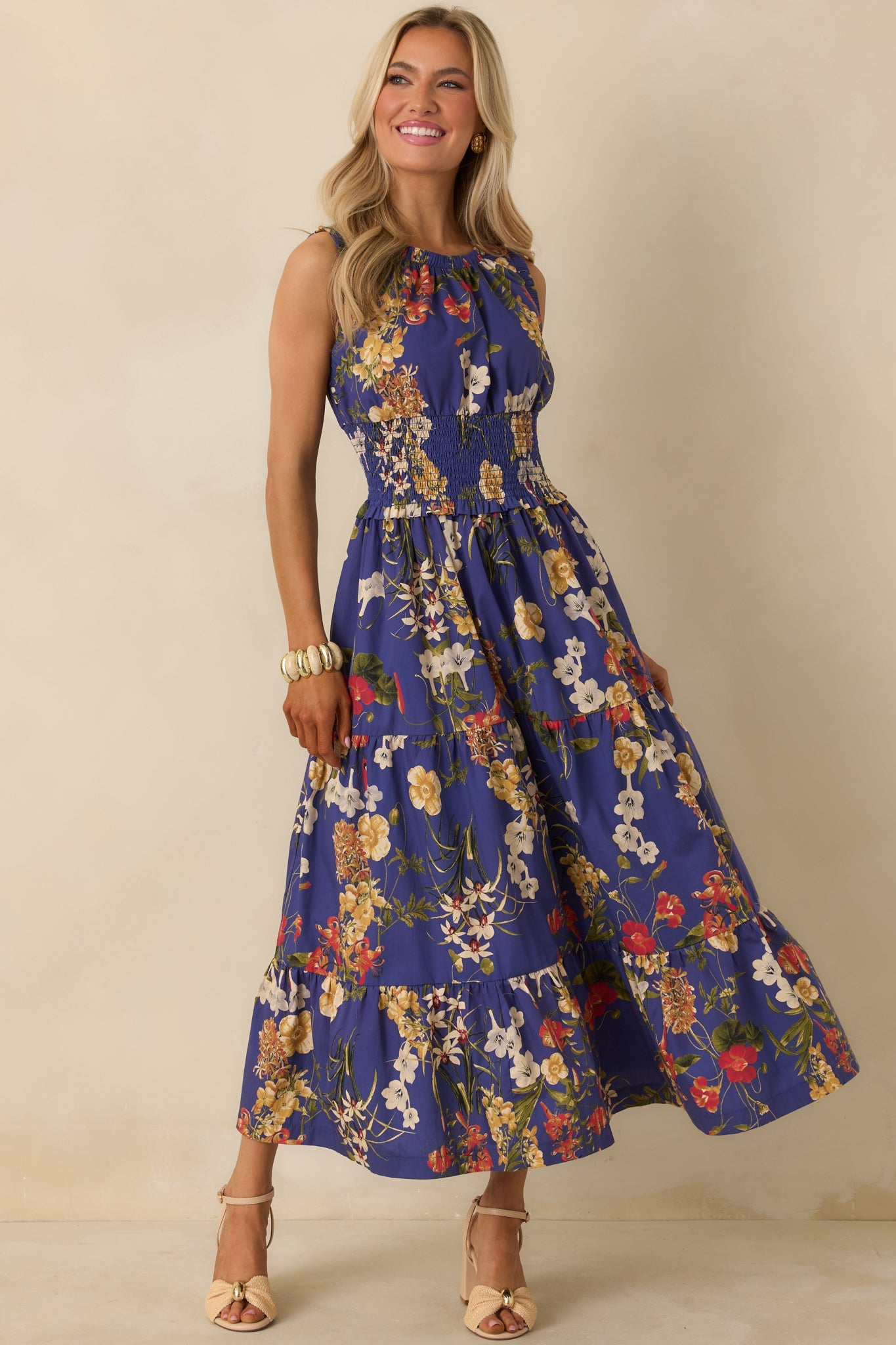 Let's Take a Ride Cobalt Blue Multi Cotton Floral Smocked Sleeveless Maxi Dress