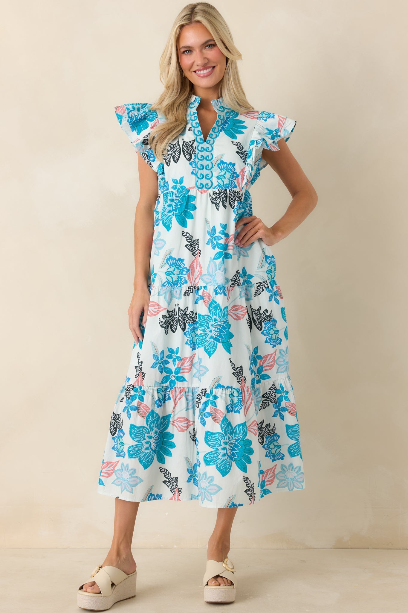 Artful Ease Teal Multi Embroidered Cotton Tiered Midi Dress