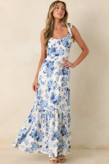 Timeless & True Blue Floral Tie Shoulder Tiered Midi Dress