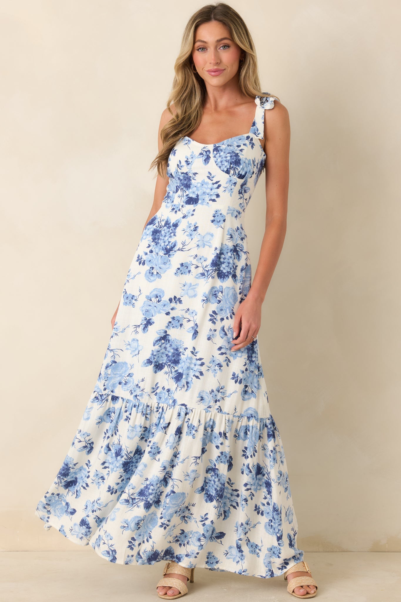 Timeless & True Blue Floral Tie Shoulder Tiered Midi Dress