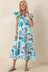 Artful Ease Teal Multi Embroidered Cotton Tiered Midi Dress