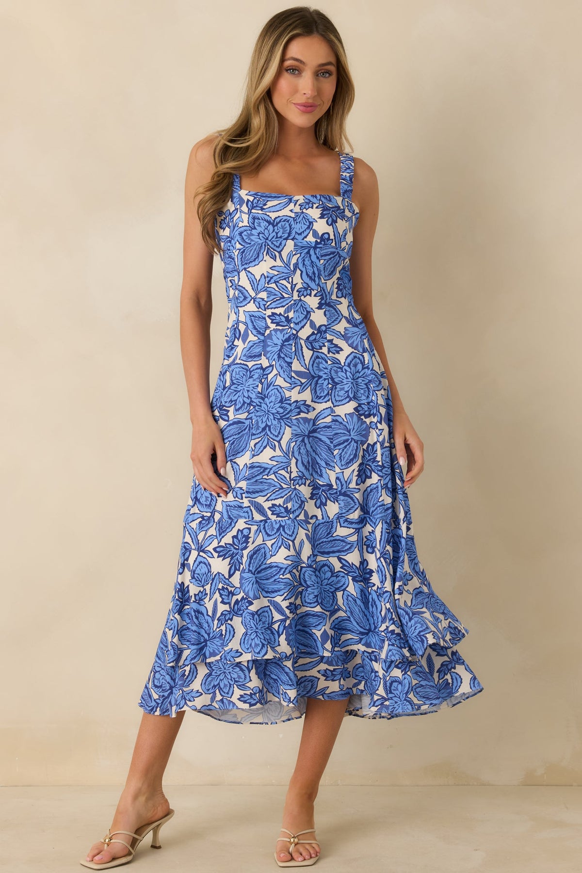The Sweetest Season Blue Floral Tiered Open Back Midi Dress