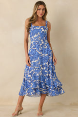 The Sweetest Season Blue Floral Tiered Open Back Midi Dress