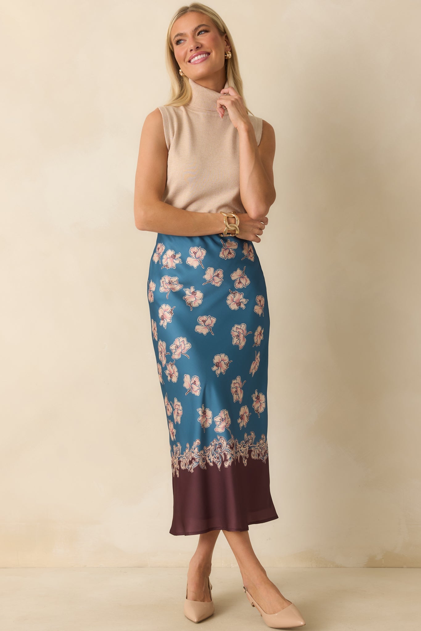 Don't Hold Back Blue Multi Floral Print Satin Maxi Skirt