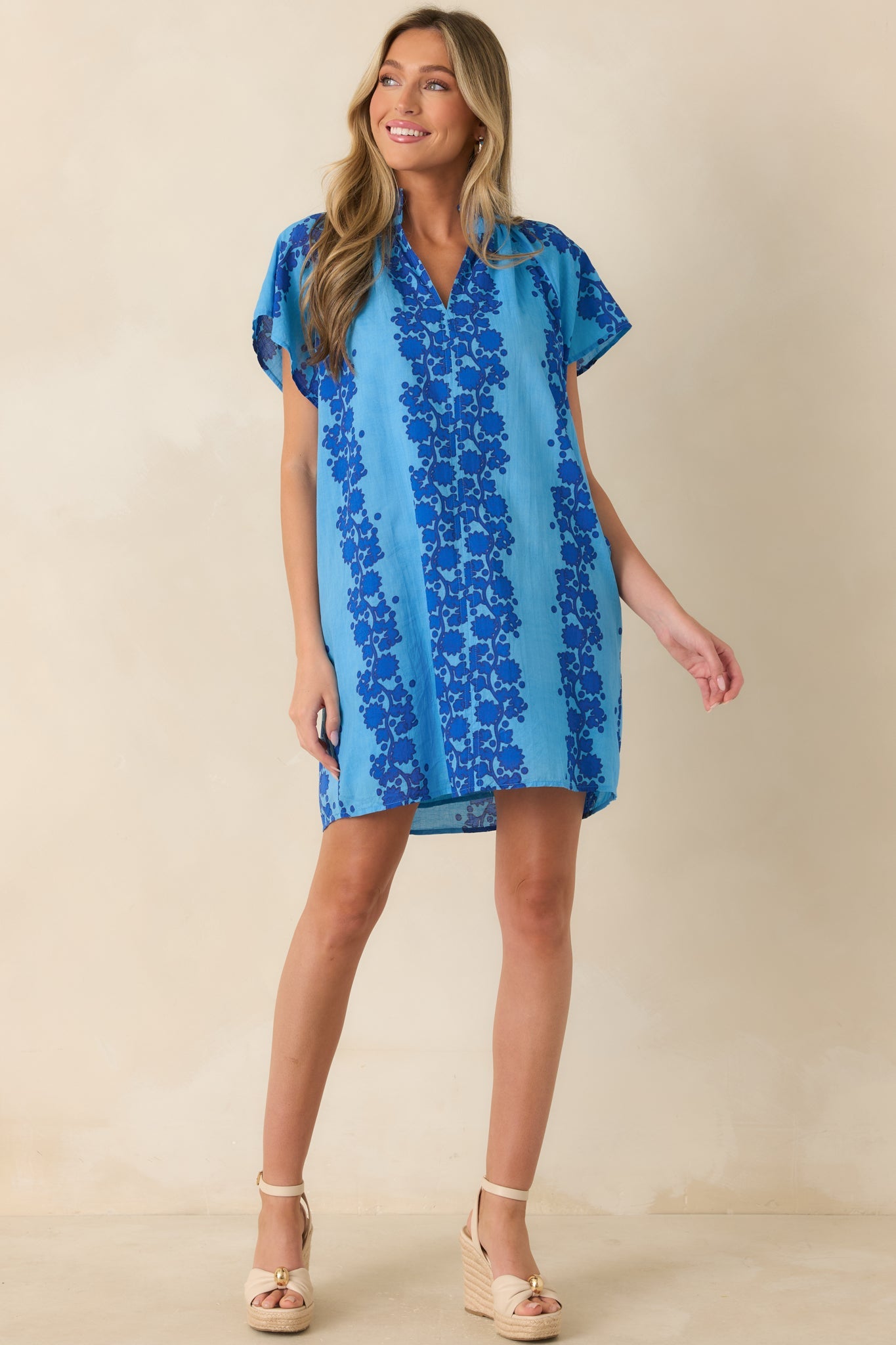 Palm Beach Bound Blue Cotton Floral Mini Dress