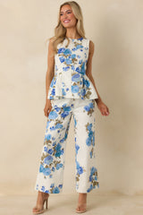 Grace in Motion Blue Floral Print Cotton Wide Leg Pants