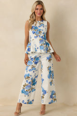 Grace in Motion Blue Floral Print Cotton Peplum Top