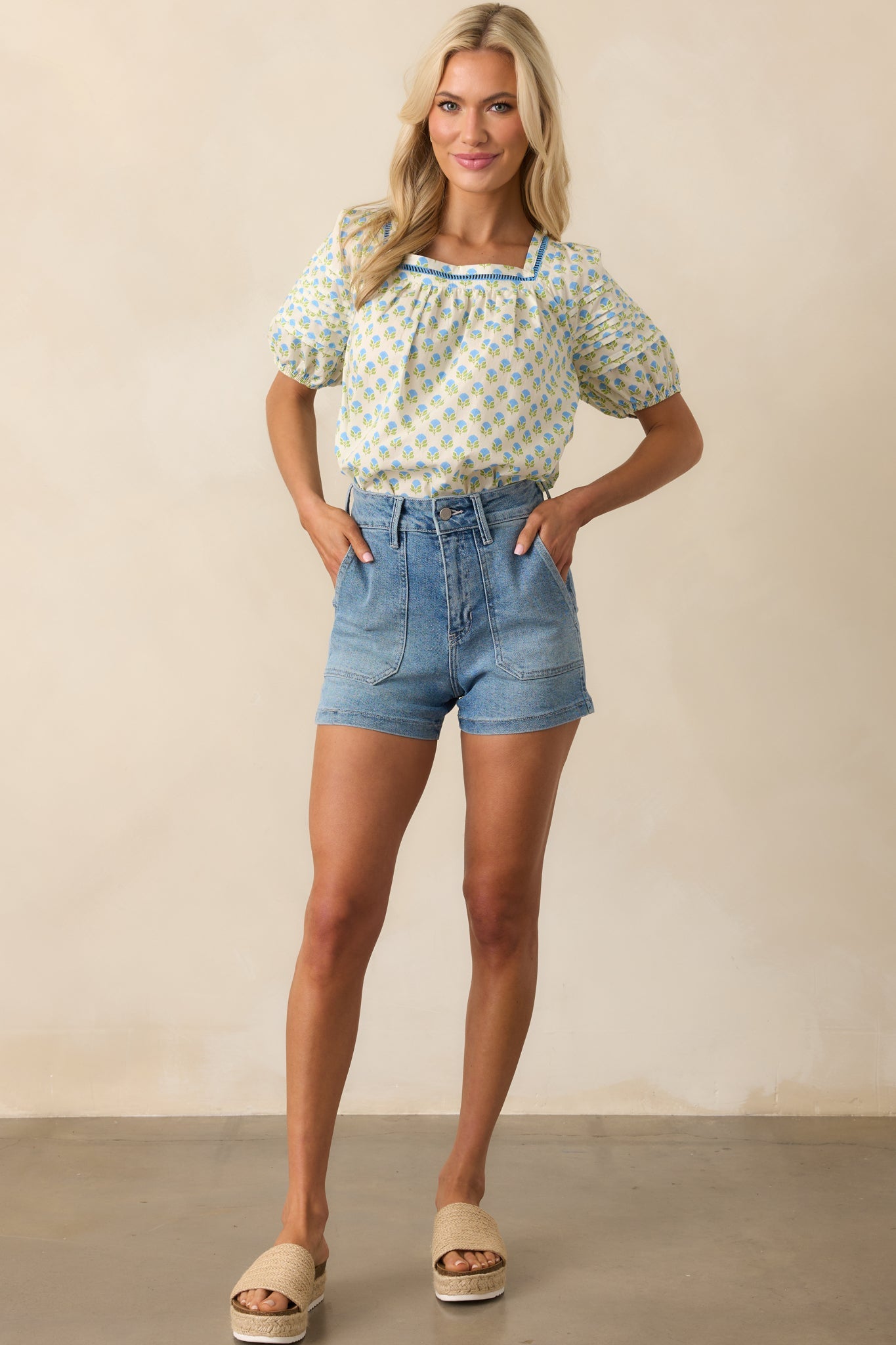 Right Where You Are Blue Floral Cotton Puff Sleeve Top