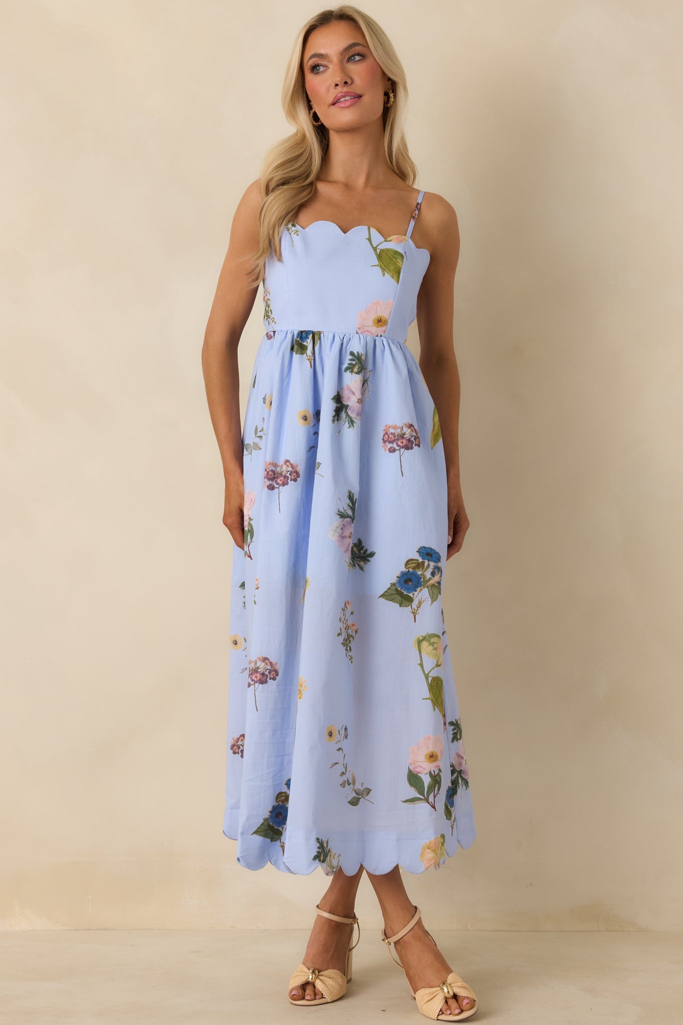 Promise in Bloom Blue Multi Floral Cotton Tie-Back Scalloped Midi Dress