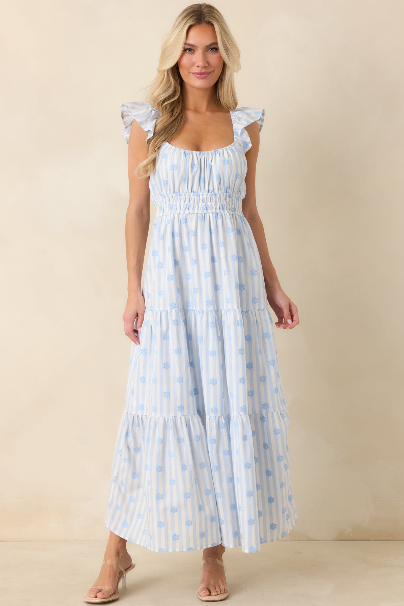 Meadow Mornings Blue Stripe Floral Embroidered Cotton Maxi Dress