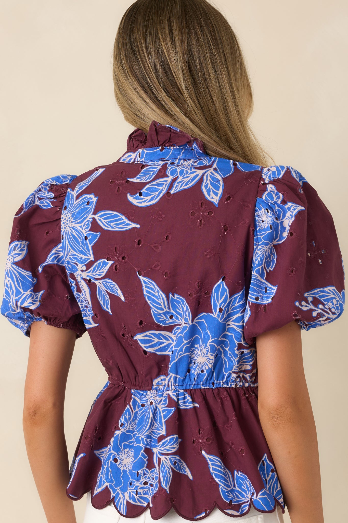 The Garden's Calling Wine & Cobalt Floral Cotton Eyelet Top
