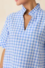 Plans in the Sunshine Blue Gingham Cotton V-Neck Top