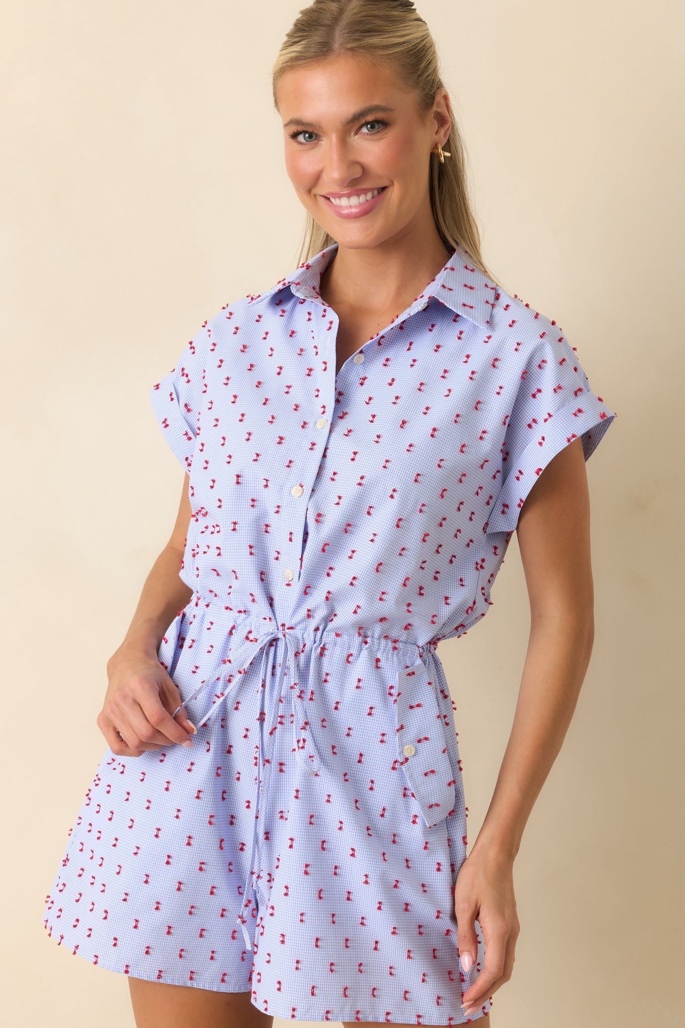 Prosperina Aubrey Blue Gingham Embroidered Romper