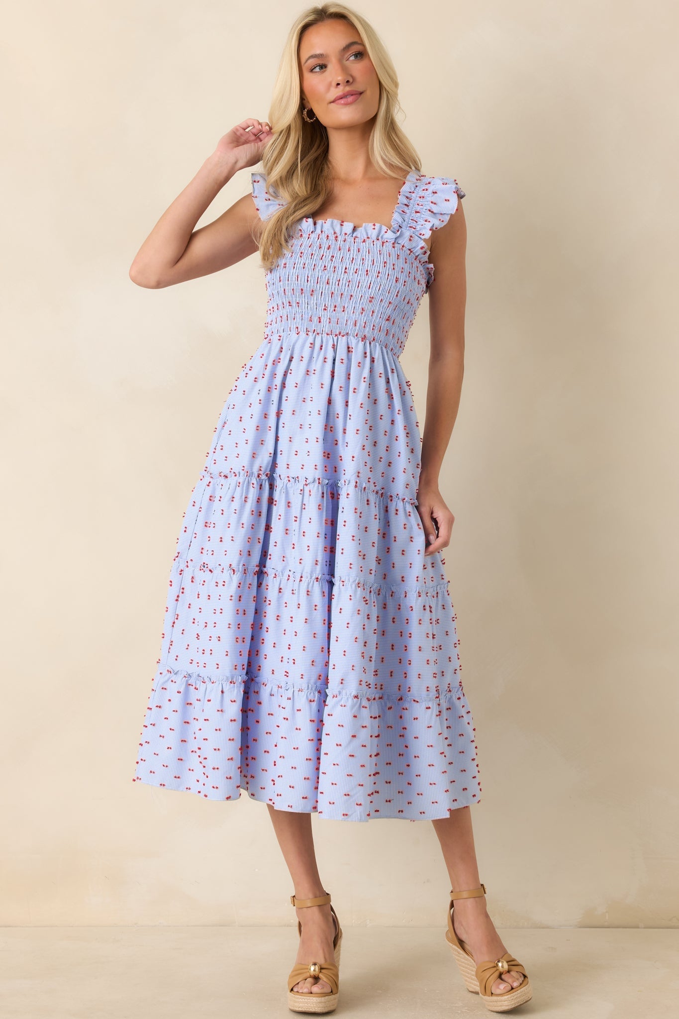 Prosperina Felicity Blue Gingham Embroidered Midi Dress