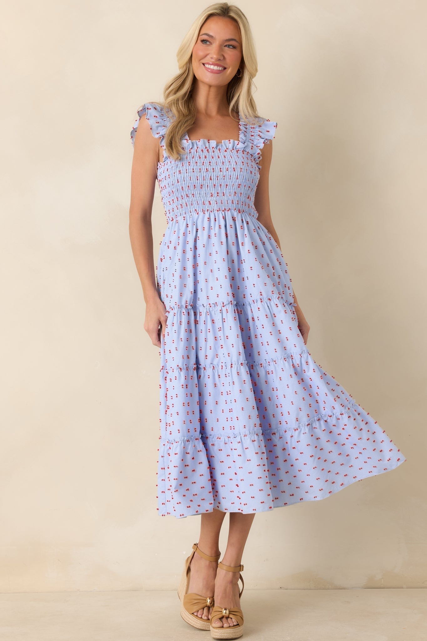 Prosperina Felicity Blue Gingham Embroidered Midi Dress