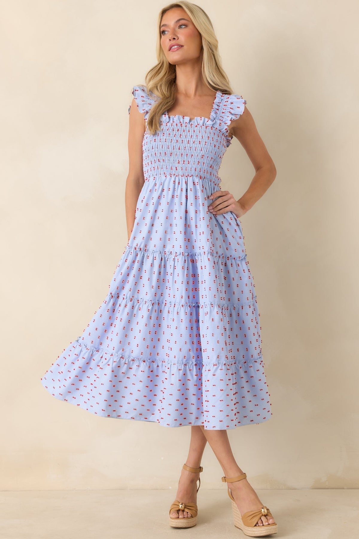 Prosperina Felicity Blue Gingham Embroidered Midi Dress