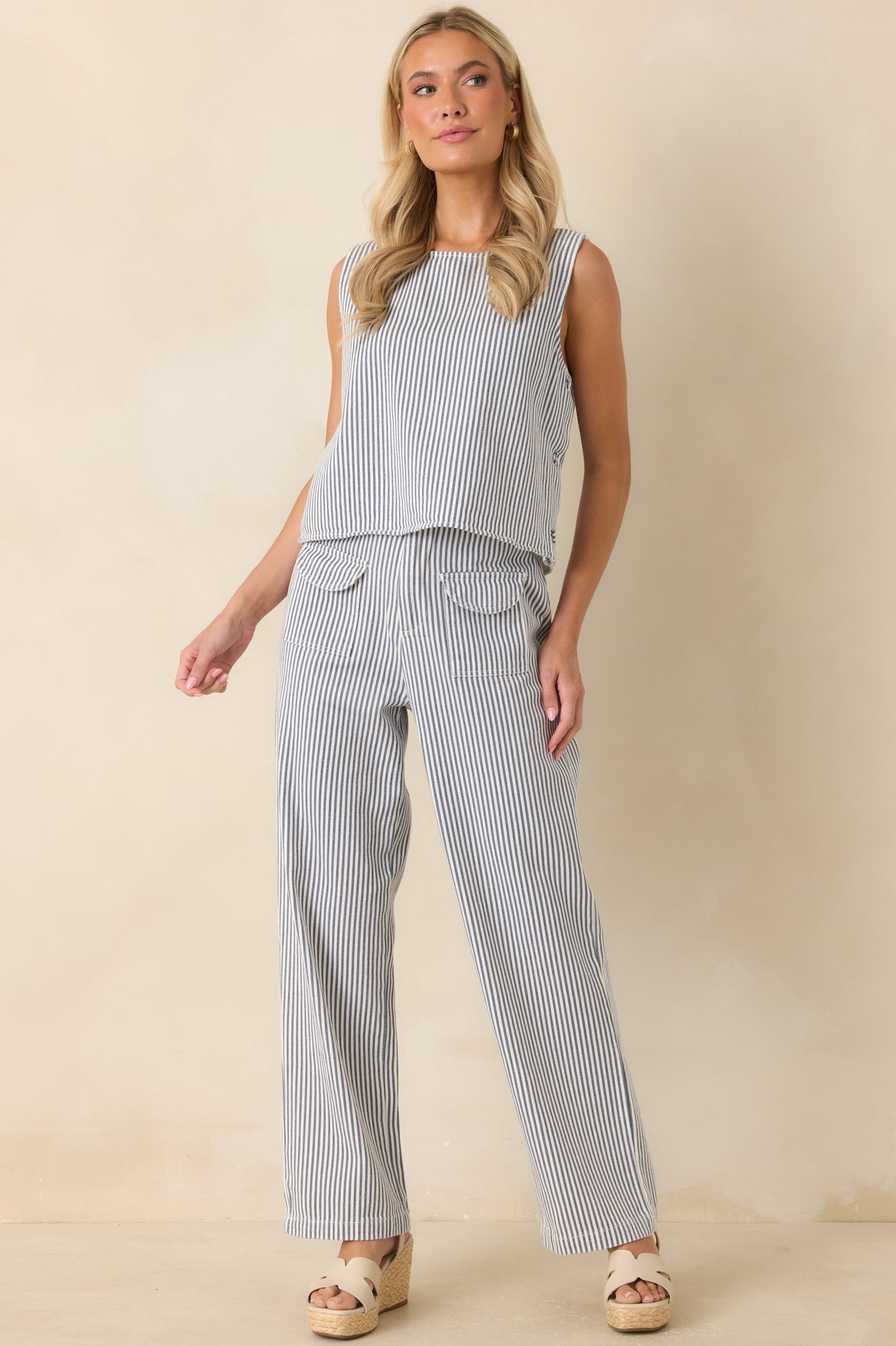 Ticket to Anywhere Blue Stripe Cotton Blend Sleeveless Top