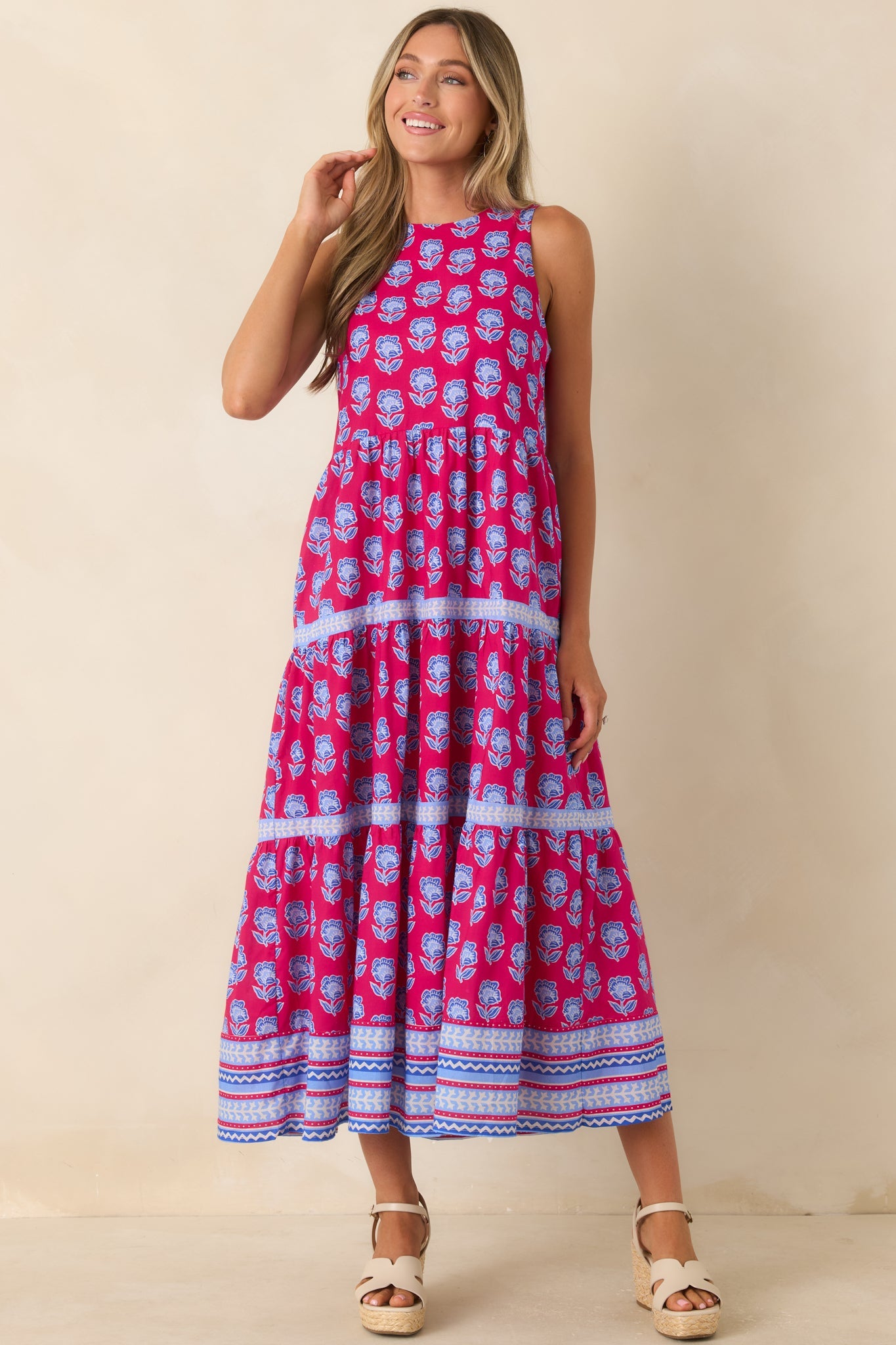 Love Finds a Way Magenta & Blue Printed Cotton Midi Dress