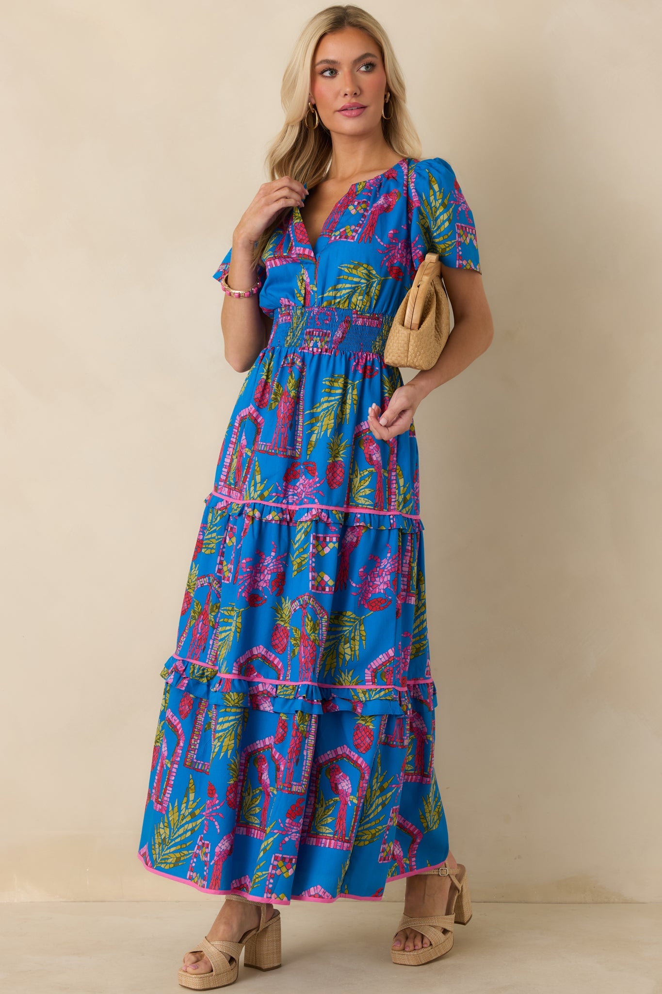Postcards From Paradise Blue Multi Cotton Tropical Mosaic Print Tiered Maxi Dress