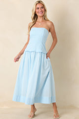 You Already Know Blue Cotton Bustier Bodice Strapless Midi Dress