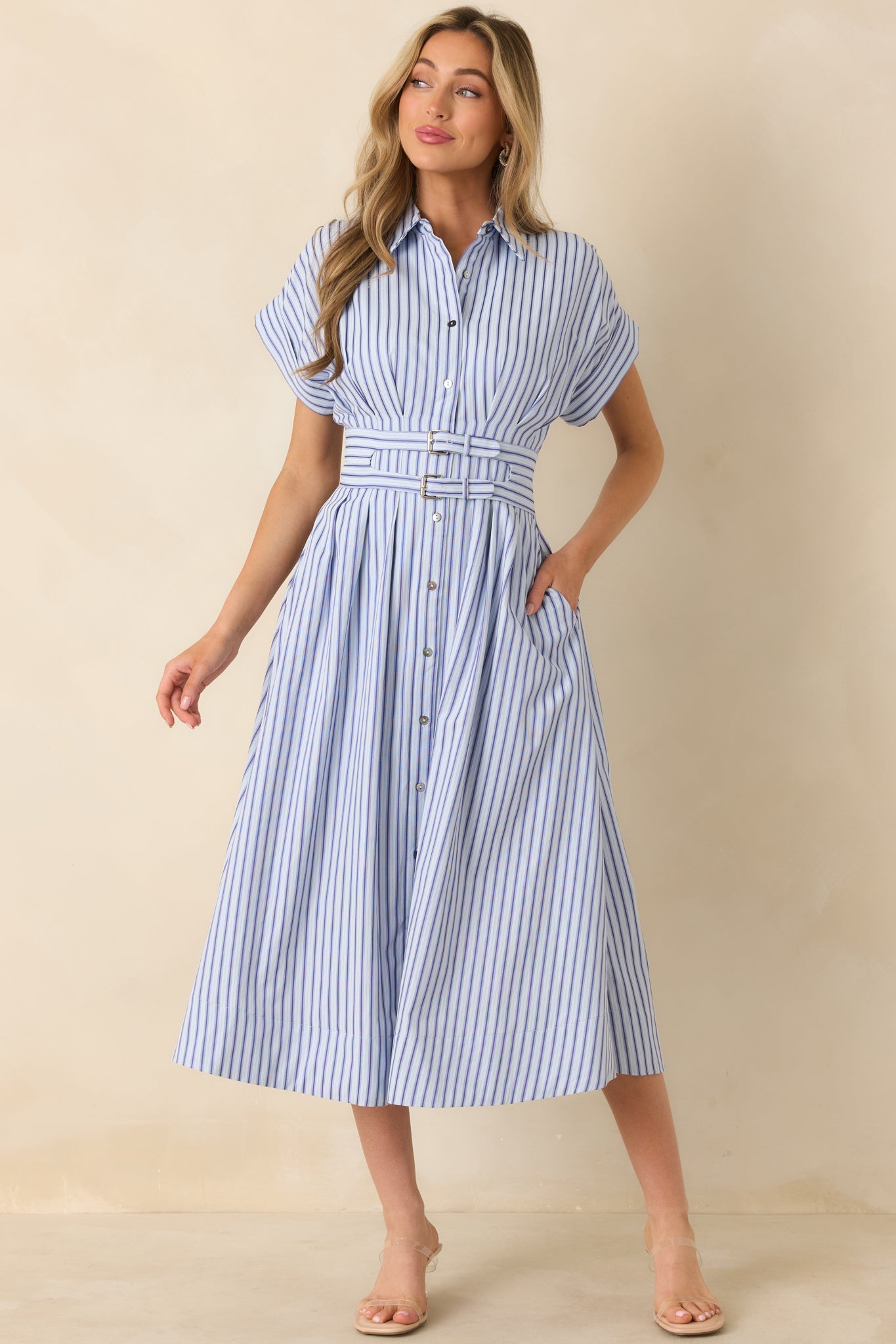 What's to Come Blue Stripe Belted Button Front Midi Dress