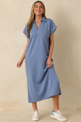 Made The Right Call Chambray Blue Collared Midi T-Shirt Dress