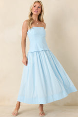 You Already Know Blue Cotton Bustier Bodice Strapless Midi Dress