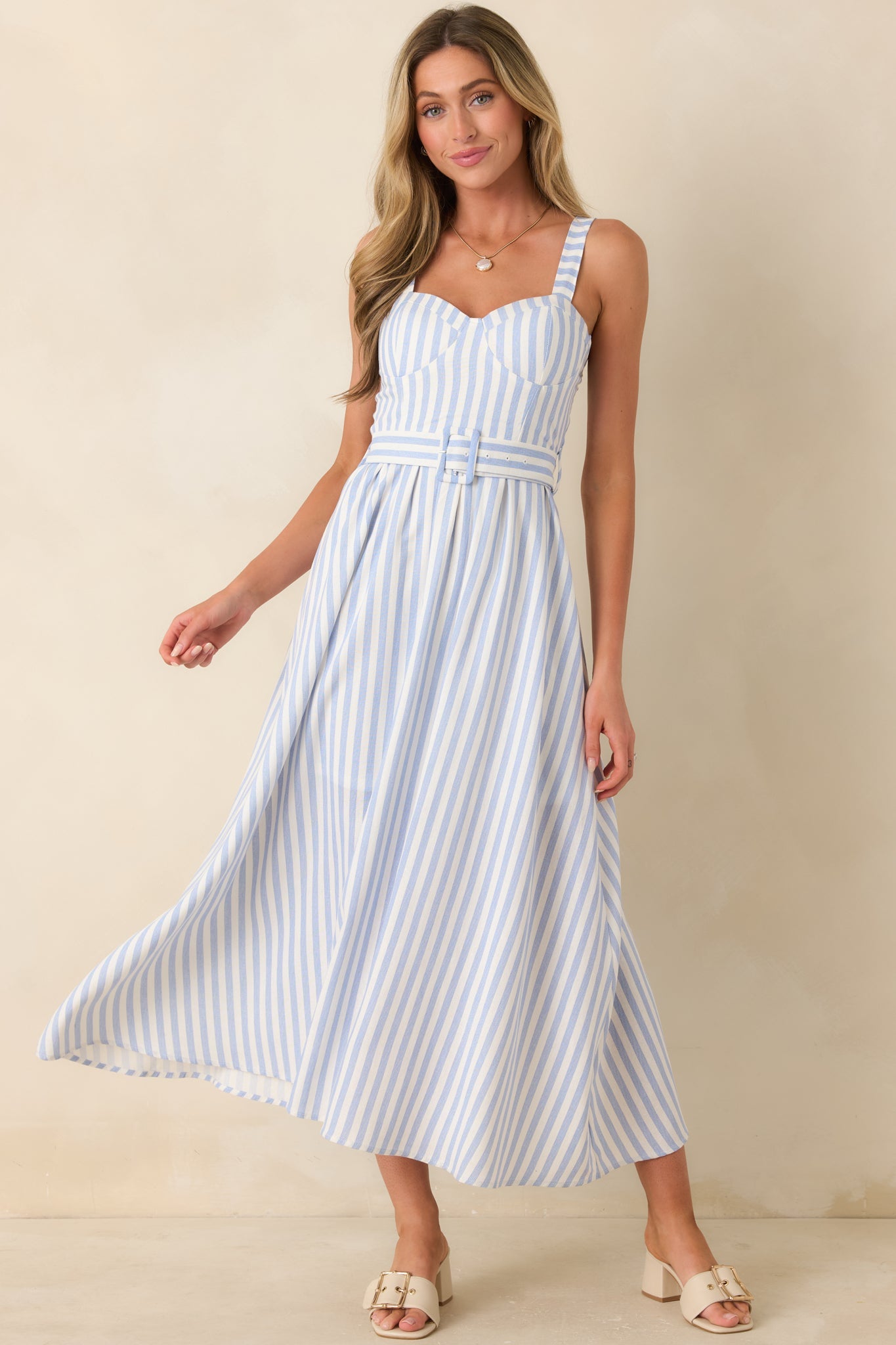 Already Thinking About It Blue Stripe Belted Bustier Midi Dress
