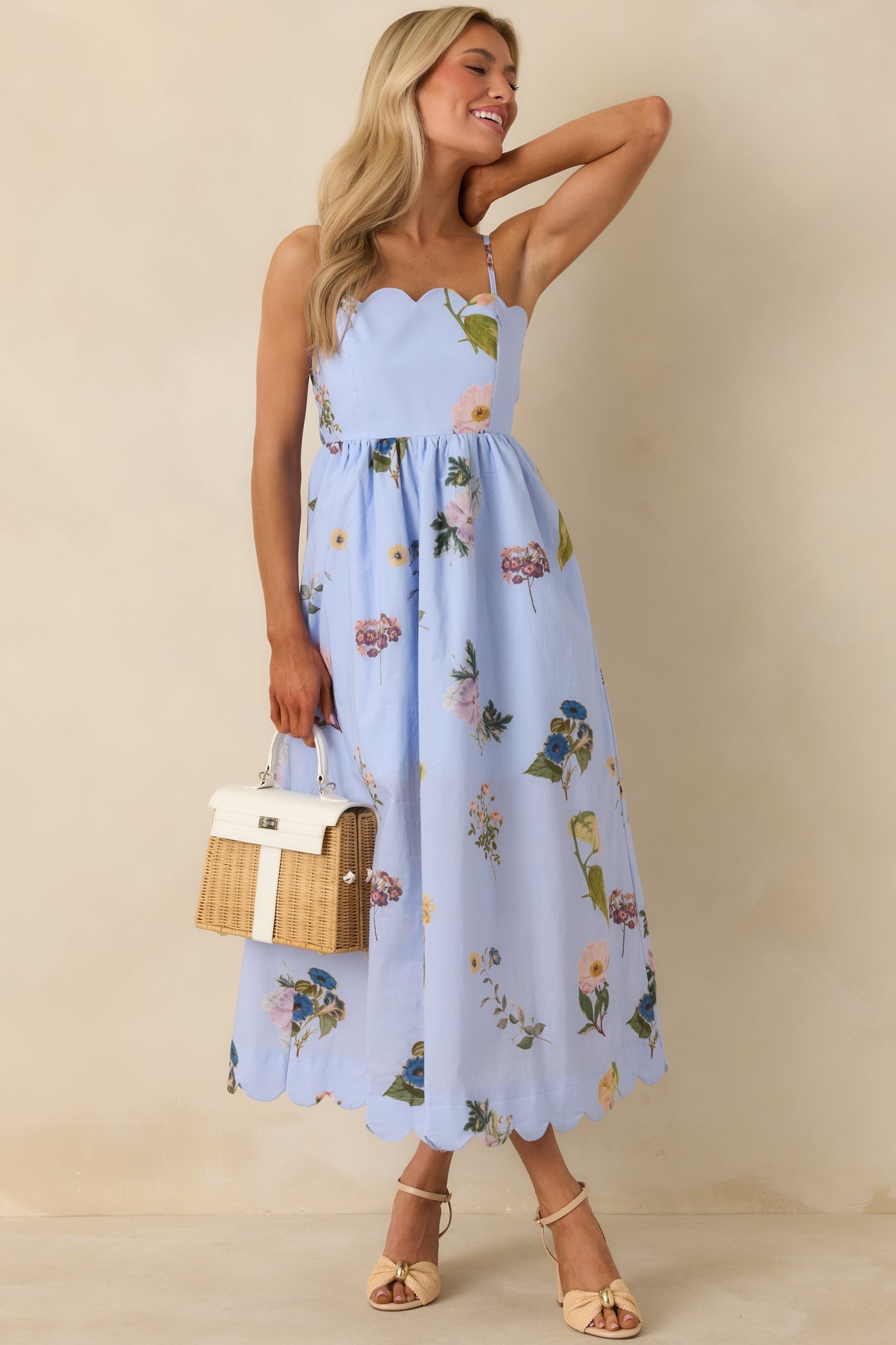Promise in Bloom Blue Multi Floral Cotton Tie-Back Scalloped Midi Dress