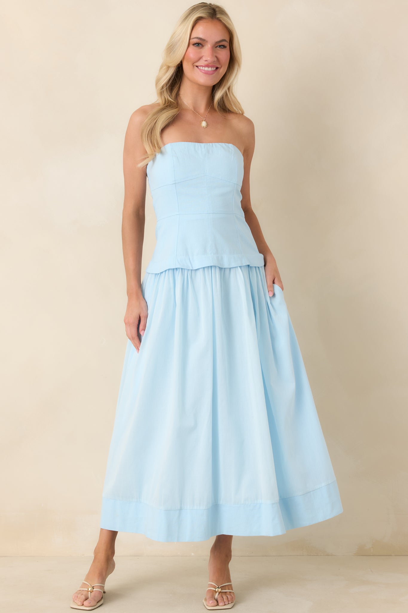 You Already Know Blue Cotton Bustier Bodice Strapless Midi Dress