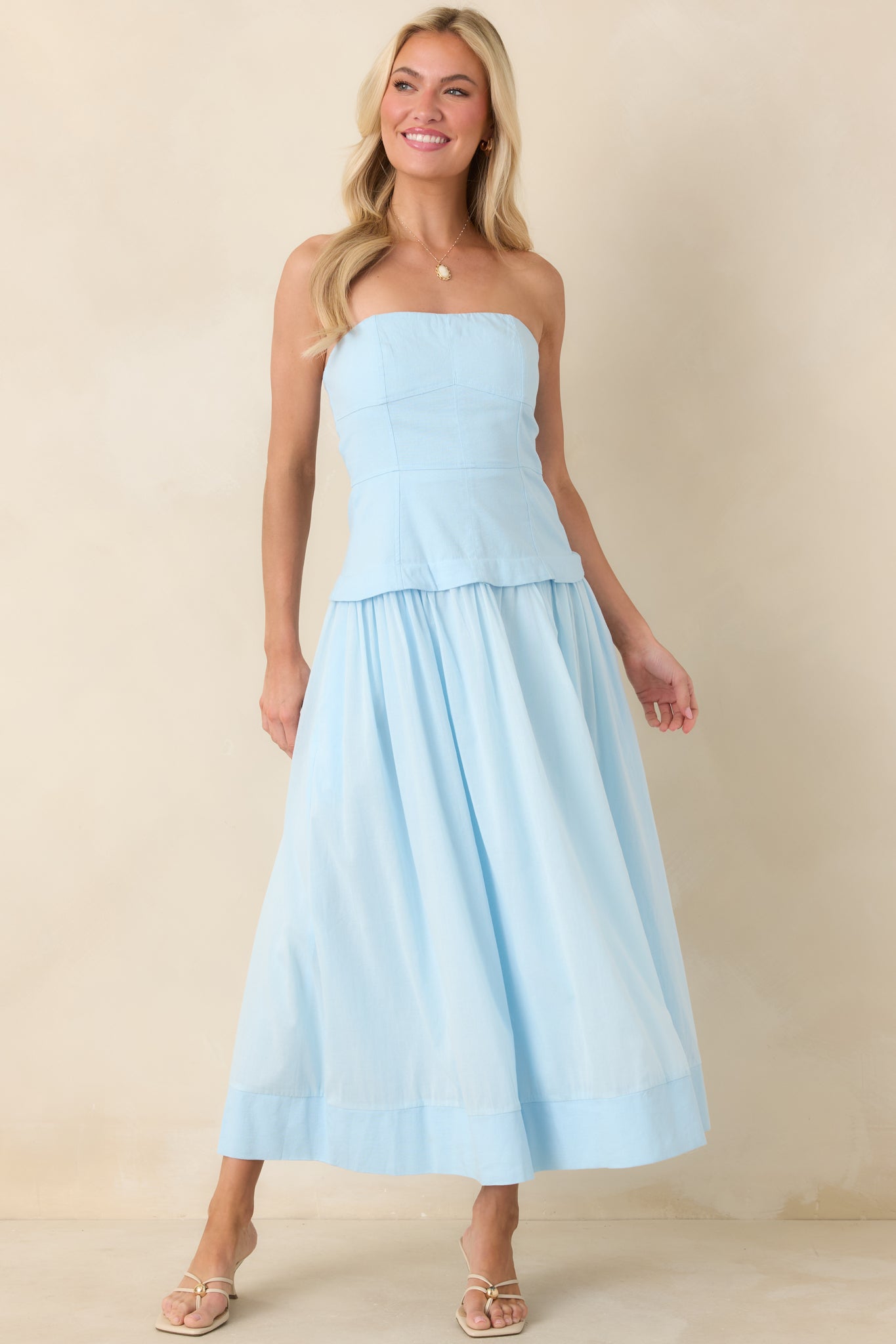 You Already Know Blue Cotton Bustier Bodice Strapless Midi Dress