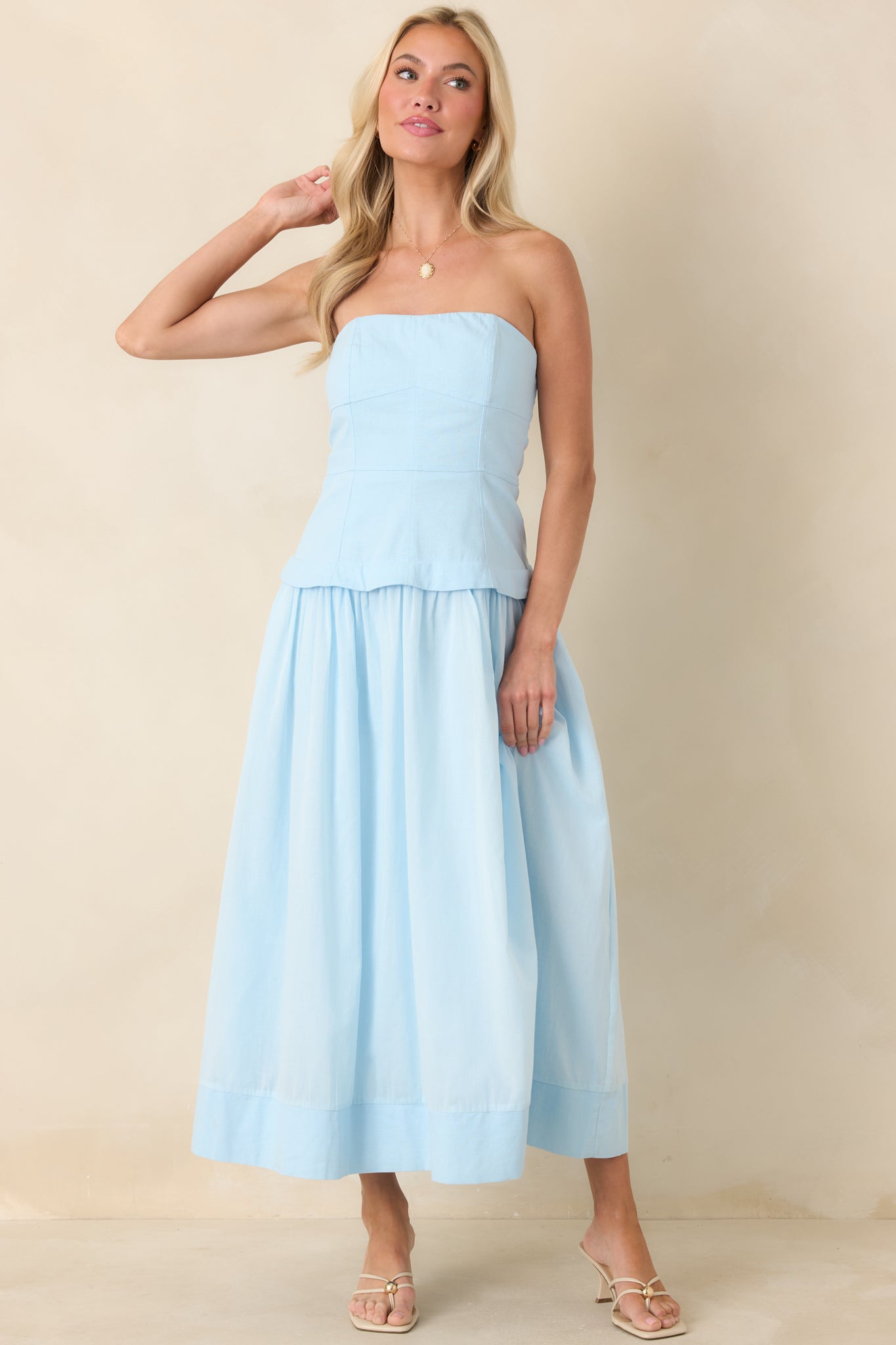 You Already Know Blue Cotton Bustier Bodice Strapless Midi Dress