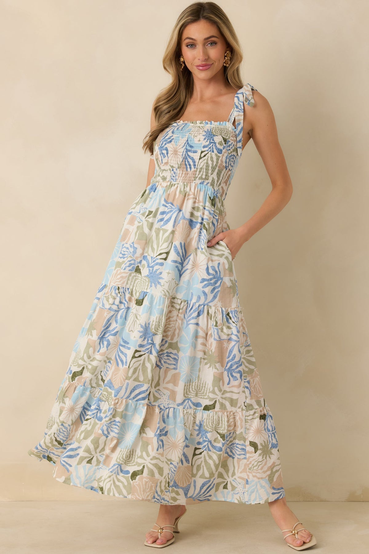 Shoreline Sonata Blue Multi Palm Print Tie Strap Tiered Maxi Dress