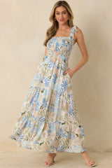 Shoreline Sonata Blue Multi Palm Print Tie Strap Tiered Maxi Dress