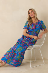 Postcards From Paradise Blue Multi Cotton Tropical Mosaic Print Tiered Maxi Dress