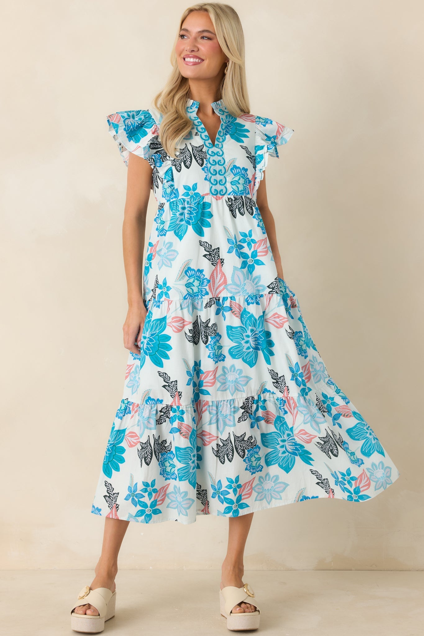 Artful Ease Teal Multi Embroidered Cotton Tiered Midi Dress